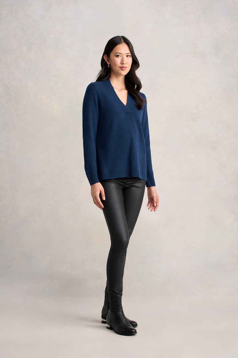 Ribbed V-Neck Wool Jumper - Midnight Blue