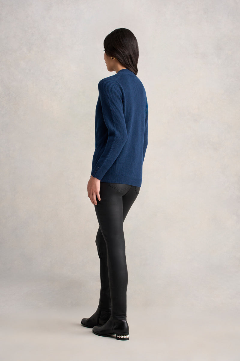 Ribbed V-Neck Wool Jumper - Midnight Blue