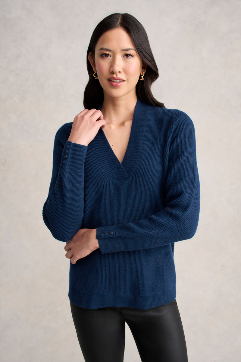 Ribbed V-Neck Wool Jumper - Midnight Blue