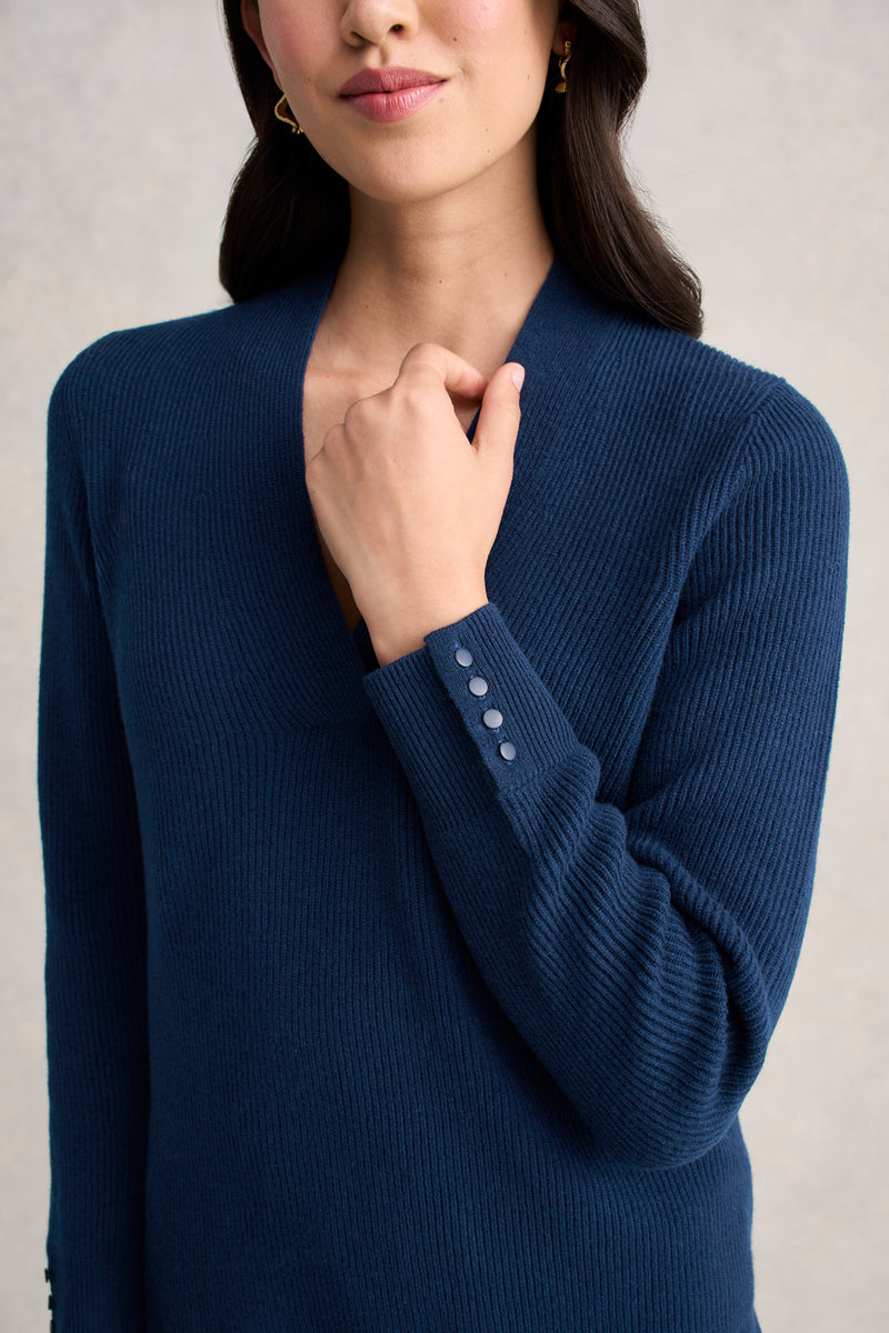 Ribbed V-Neck Wool Jumper - Midnight Blue