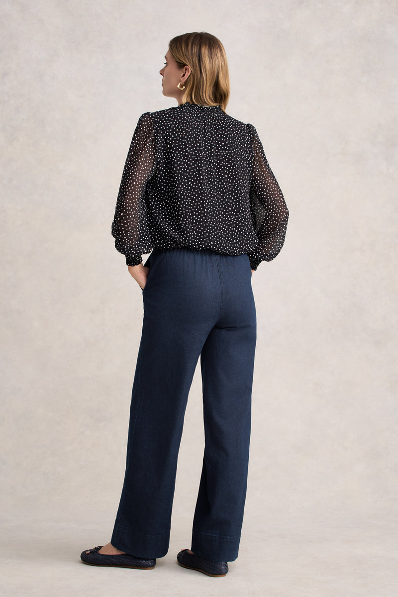 Shirred Georgette Blouse - Black & White Spot