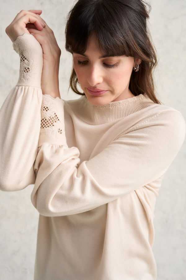 Embroidered Knit Top - Bright Beige