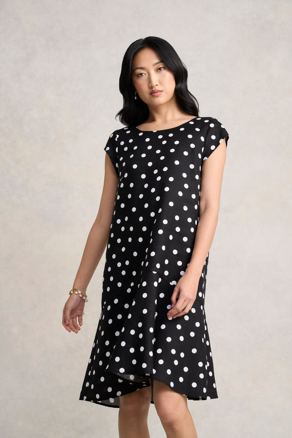 French Linen Sun Dress - Black Polka Dot