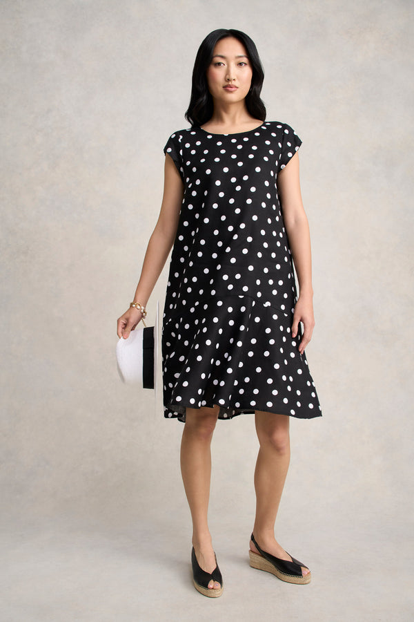 French Linen Sun Dress - Black Polka Dot