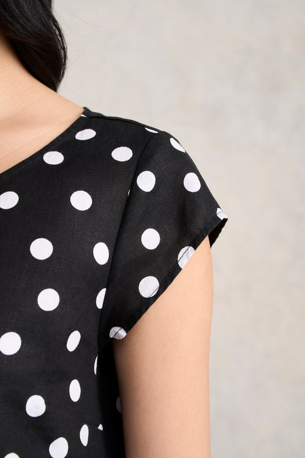 French Linen Sun Dress - Black Polka Dot