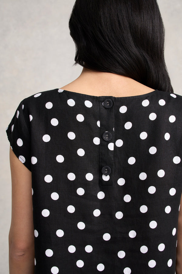 French Linen Sun Dress - Black Polka Dot