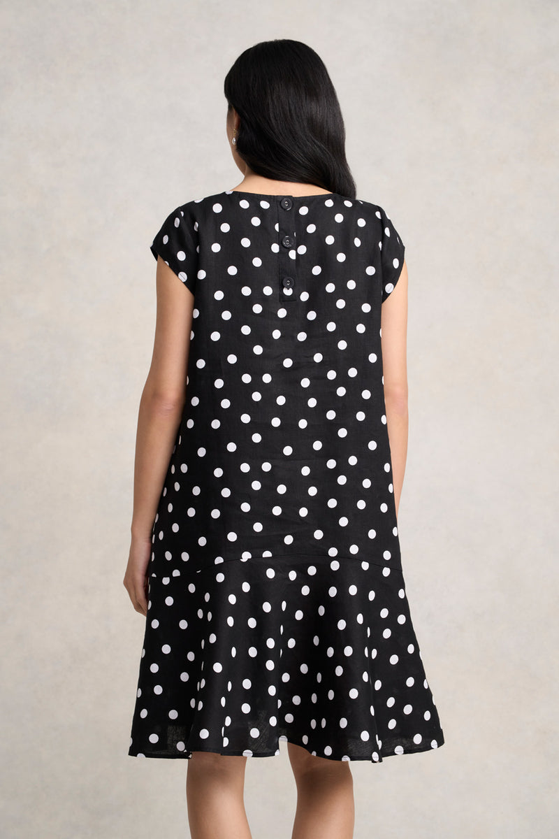 French Linen Sun Dress - Black Polka Dot