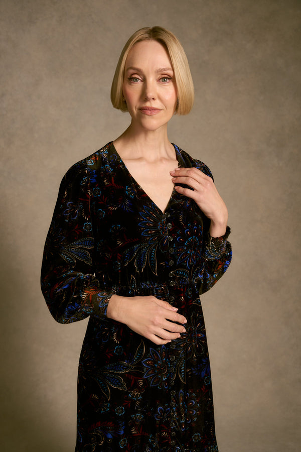 Printed Velvet Tier Dress - Indigo Chintz Print