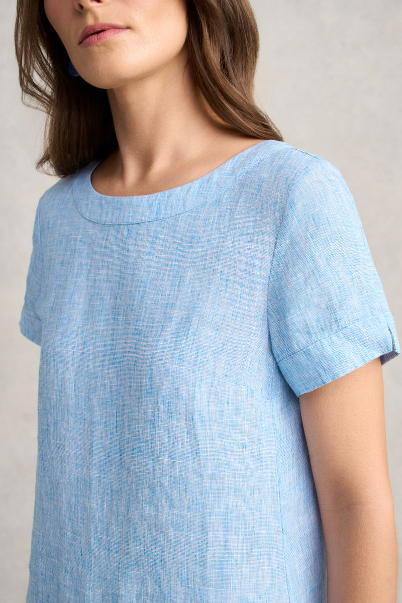 Scoop Neck Linen Dress - Chambray Cross Dye Blue Illusion Scoop Neck Linen Dress - Chambray Cross Dye Blue Illusion