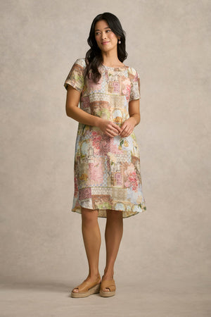 French Linen Shift Dress Villa Fleurie Print