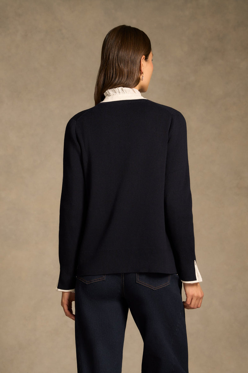 Contrast Rib Cardigan - French Navy / White
