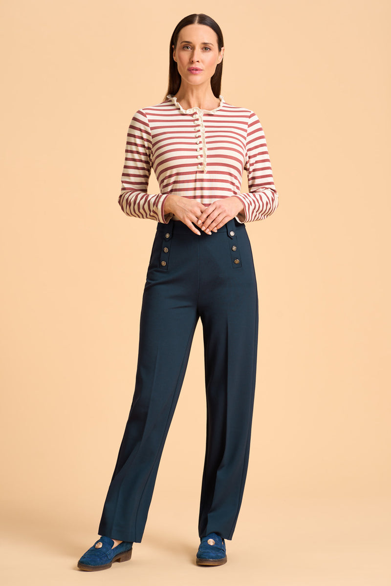 Ruffle trim henley t-shirt, sailor ponte pant, French fashion