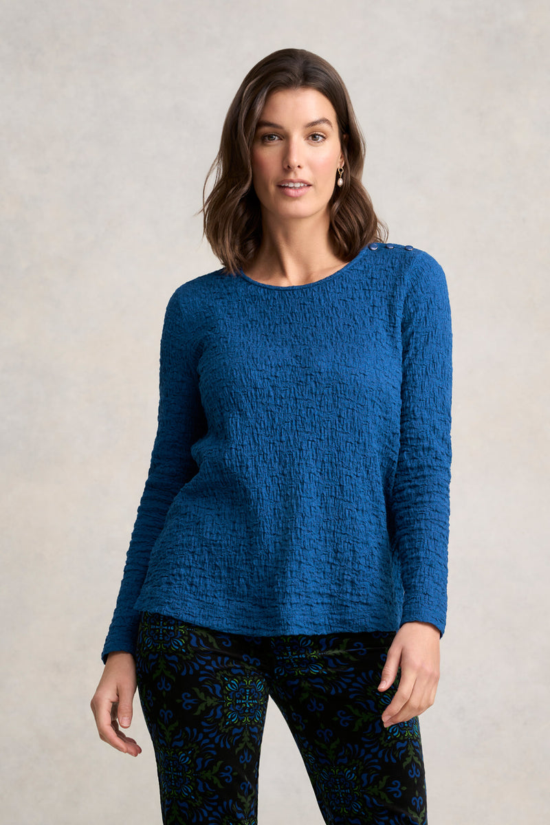Crinkle Cotton Long Sleeve T-Shirt - Cobalt