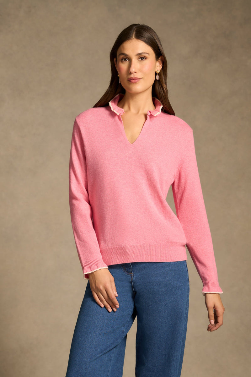 Ruffle Trim Wool Jumper - Rose Pink