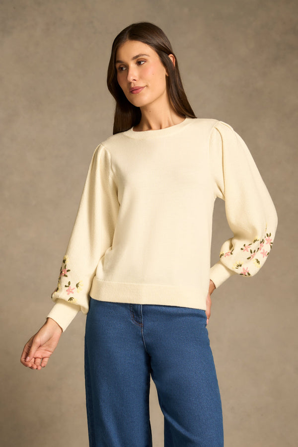 Embroidered Wool Jumper - Cream