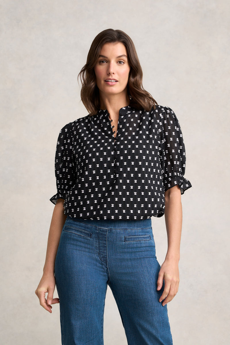 Jacquard Cotton Blouse – Black & White Multi