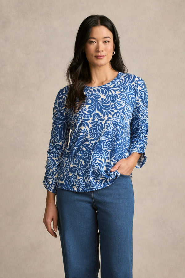 Ruched ¾ Sleeve T-Shirt - Azure Opulence Print