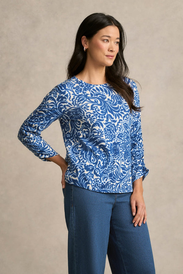 Ruched ¾ Sleeve T-Shirt - Azure Opulence Print