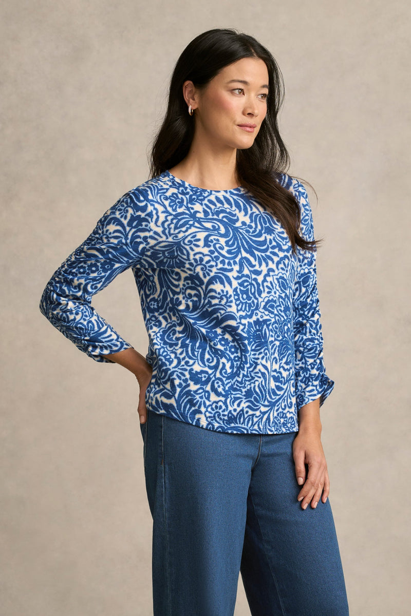 Ruched ¾ Sleeve T-Shirt - Azure Opulence Print