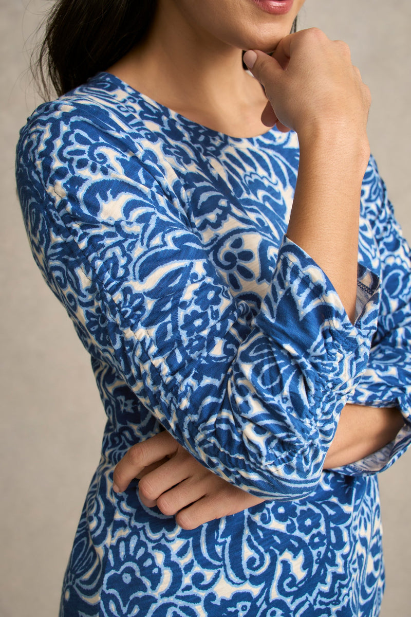 Ruched ¾ Sleeve T-Shirt - Azure Opulence Print