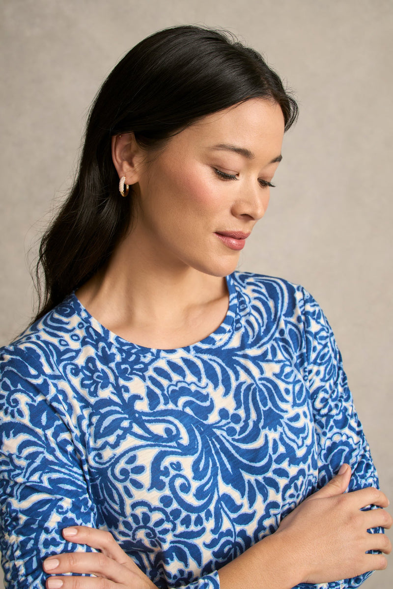 Ruched ¾ Sleeve T-Shirt - Azure Opulence Print
