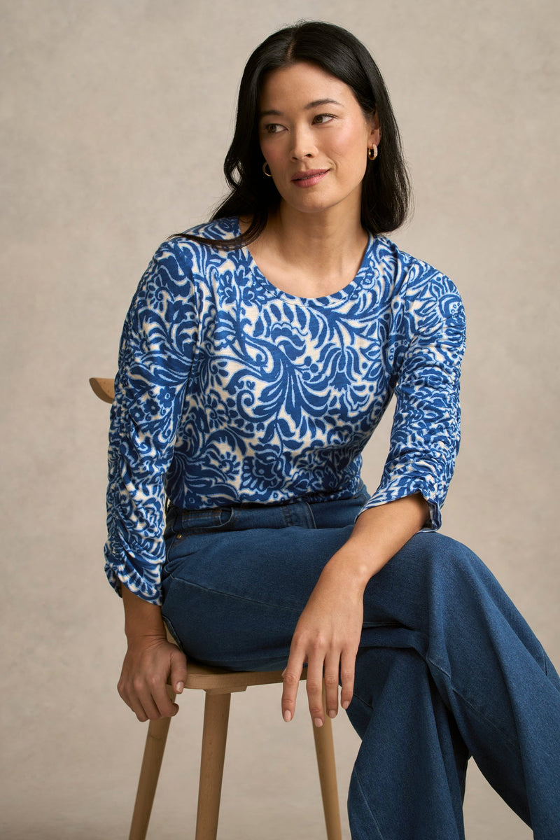 Ruched ¾ Sleeve T-Shirt - Azure Opulence Print