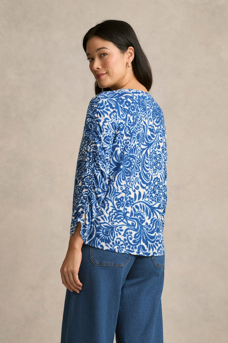 Ruched ¾ Sleeve T-Shirt - Azure Opulence Print