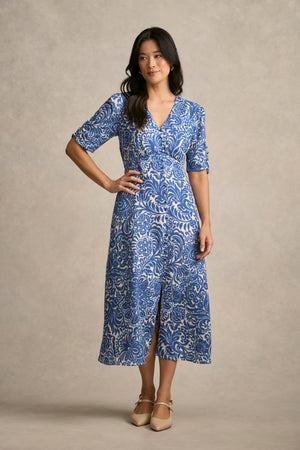 Printed Linen Blend Dress Azure Opulence Print