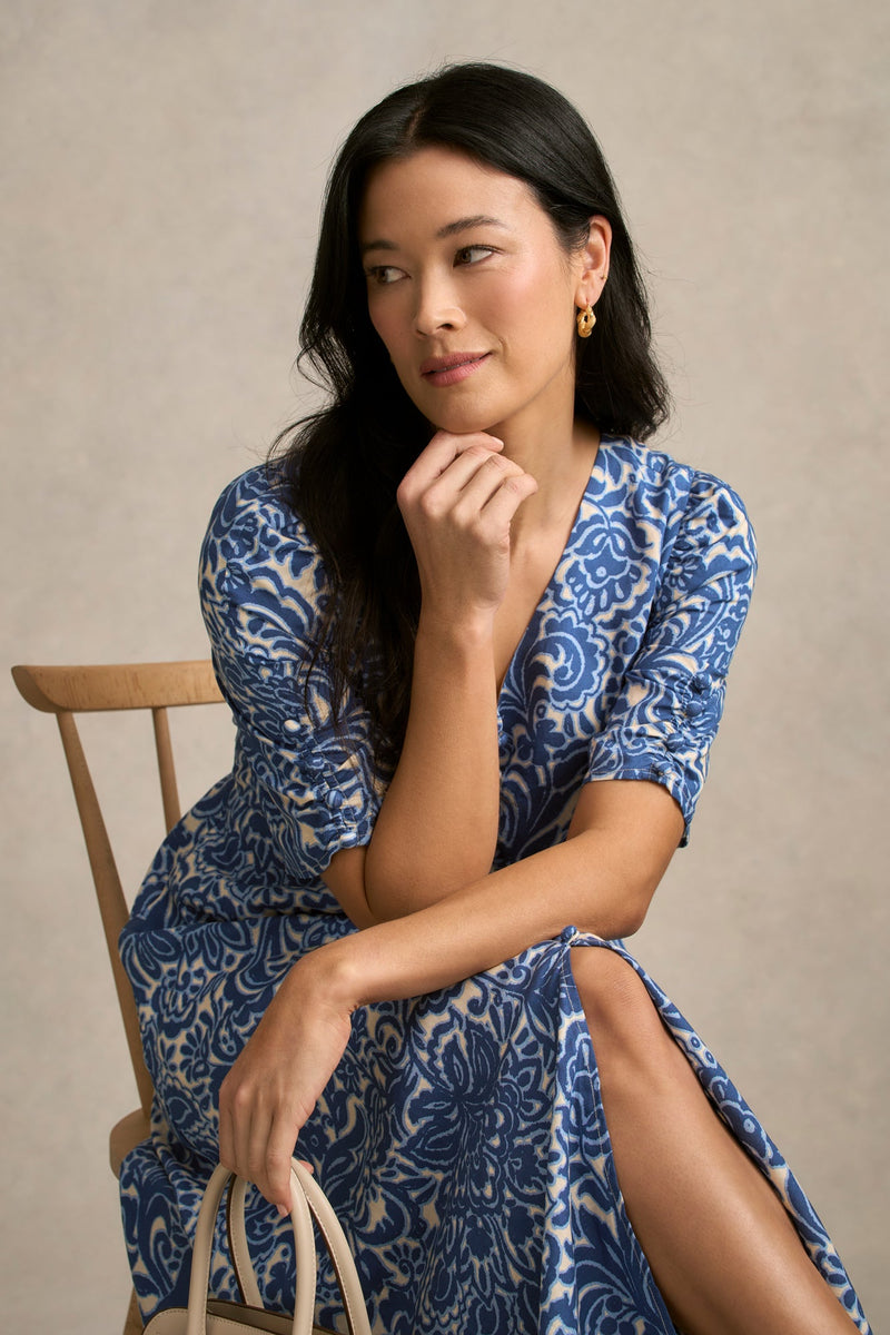 Printed Linen Blend Dress - Azure Opulence Print