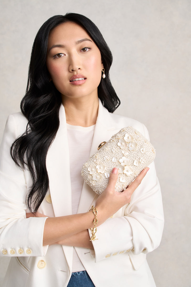 Floral Shell Beaded Clutch - Cream