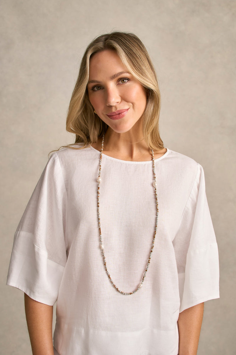 Long Square Beads Pearl Necklace - Multicolour