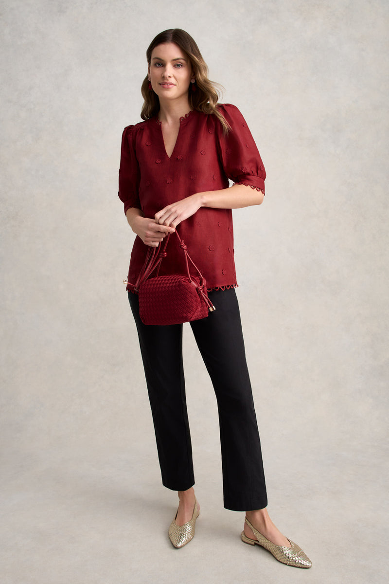 Lace Trim Linen Top – Crimson