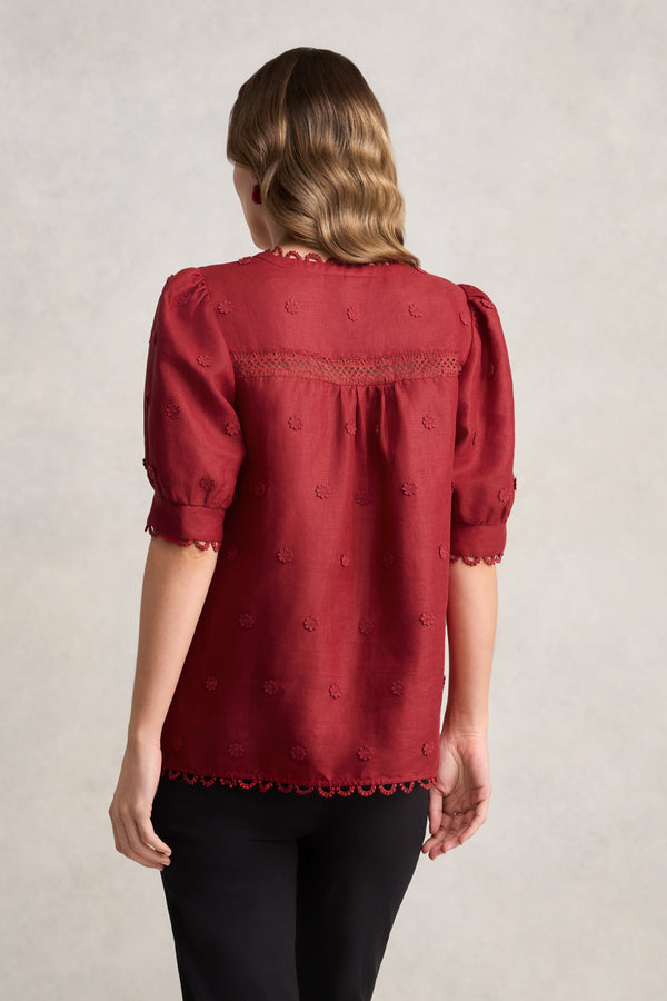 Lace Trim Linen Top – Crimson