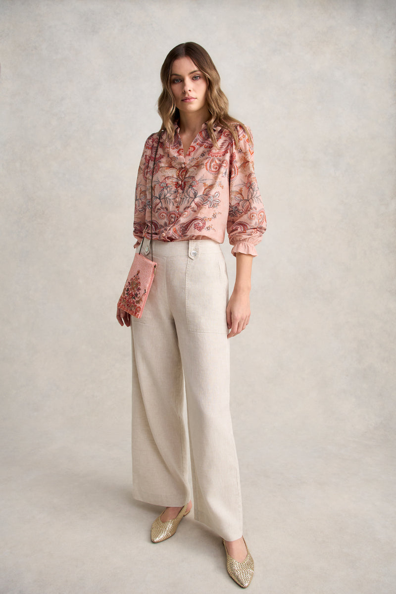 Cotton Silk Printed Shirt – Peach Paisley Print