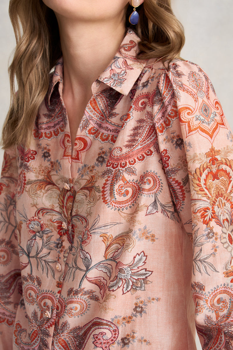 Cotton Silk Printed Shirt – Peach Paisley Print