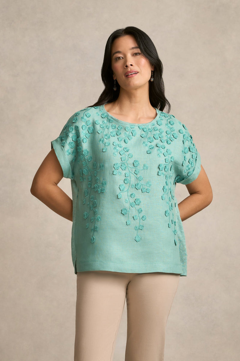 Mixed Linen Floral T-Shirt - Ocean Blue