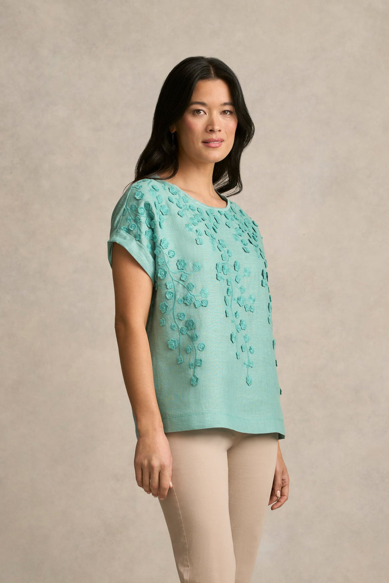 Mixed Linen Floral T-Shirt - Ocean Blue