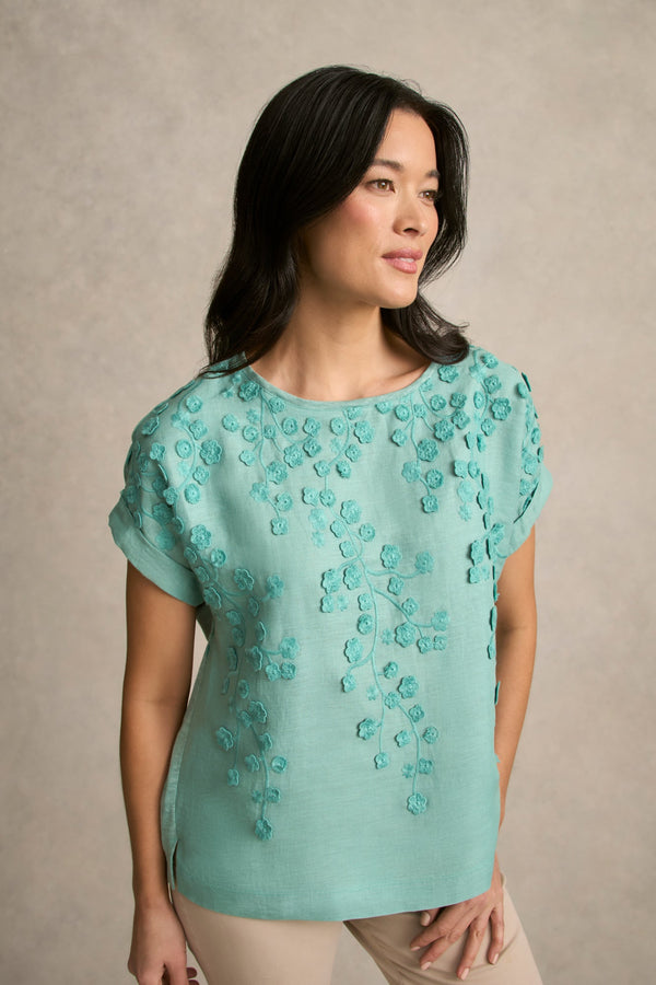 Mixed Linen Floral T-Shirt - Ocean Blue
