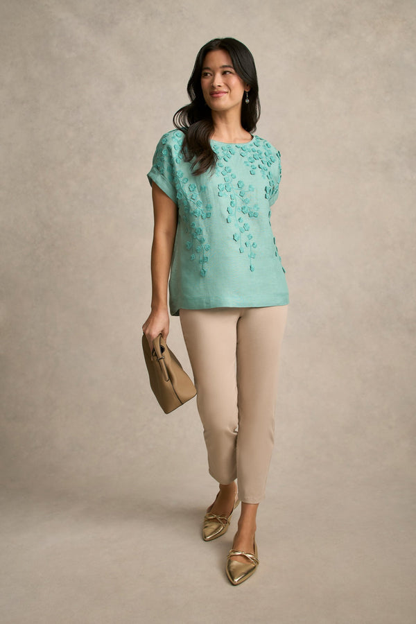 Mixed Linen Floral T-Shirt - Ocean Blue