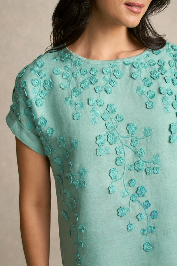 Mixed Linen Floral T-Shirt - Ocean Blue