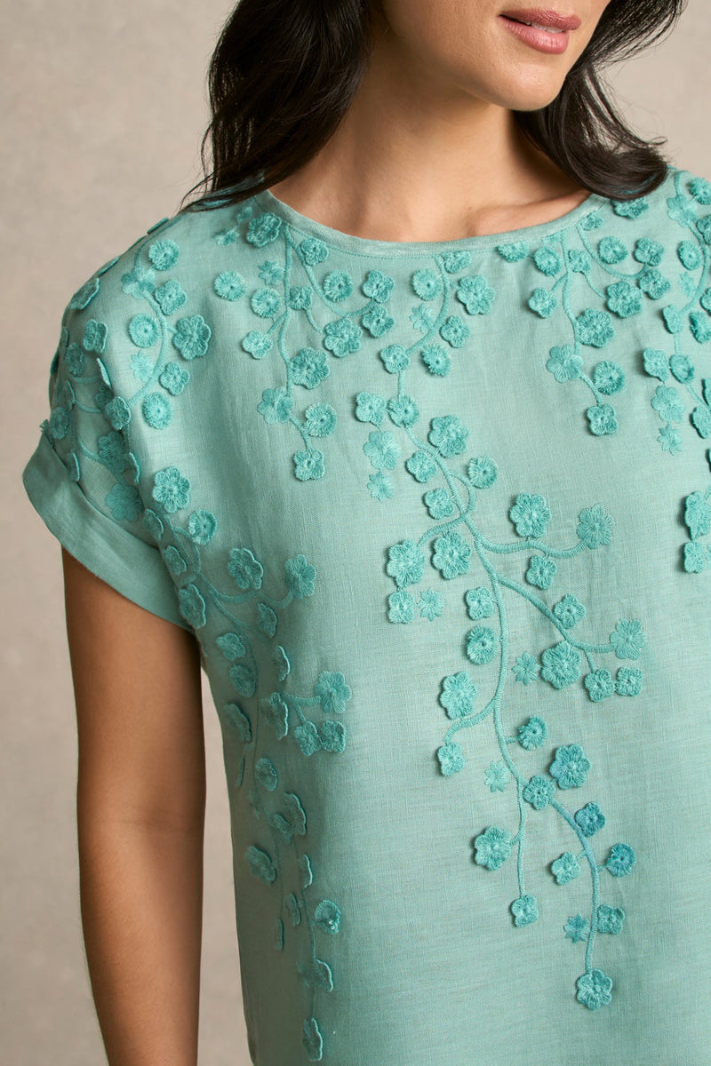 Mixed Linen Floral T-Shirt - Ocean Blue