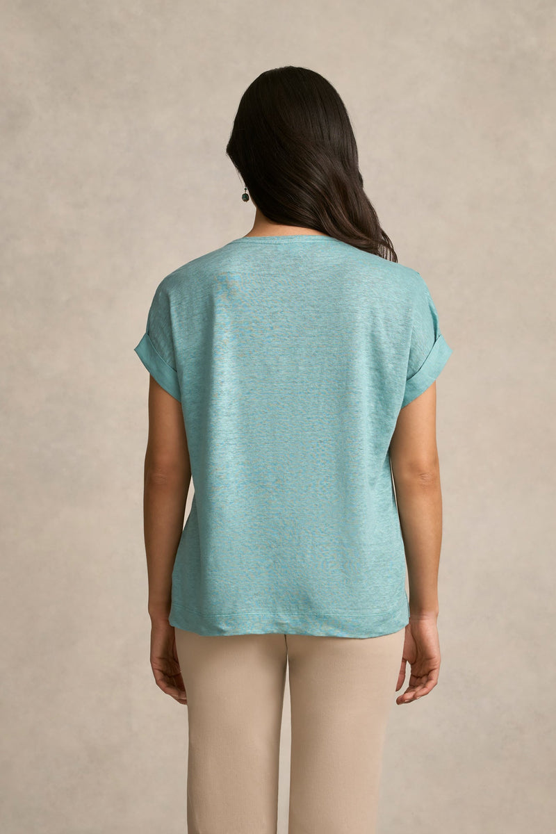 Mixed Linen Floral T-Shirt - Ocean Blue