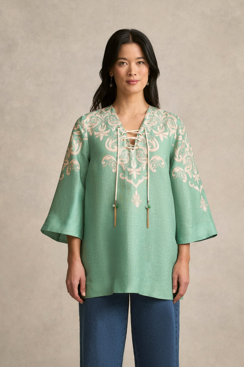 French Linen Tassel Kaftan - Gold Border Print