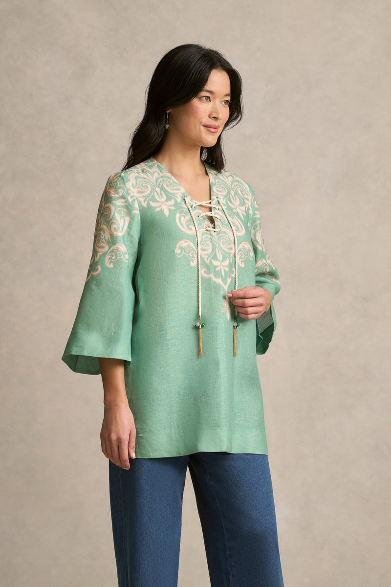 French Linen Tassel Kaftan - Gold Border Print