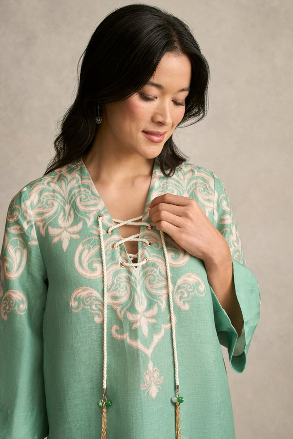 French Linen Tassel Kaftan - Gold Border Print
