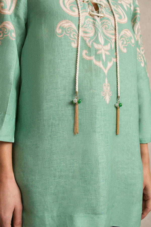French Linen Tassel Kaftan - Gold Border Print