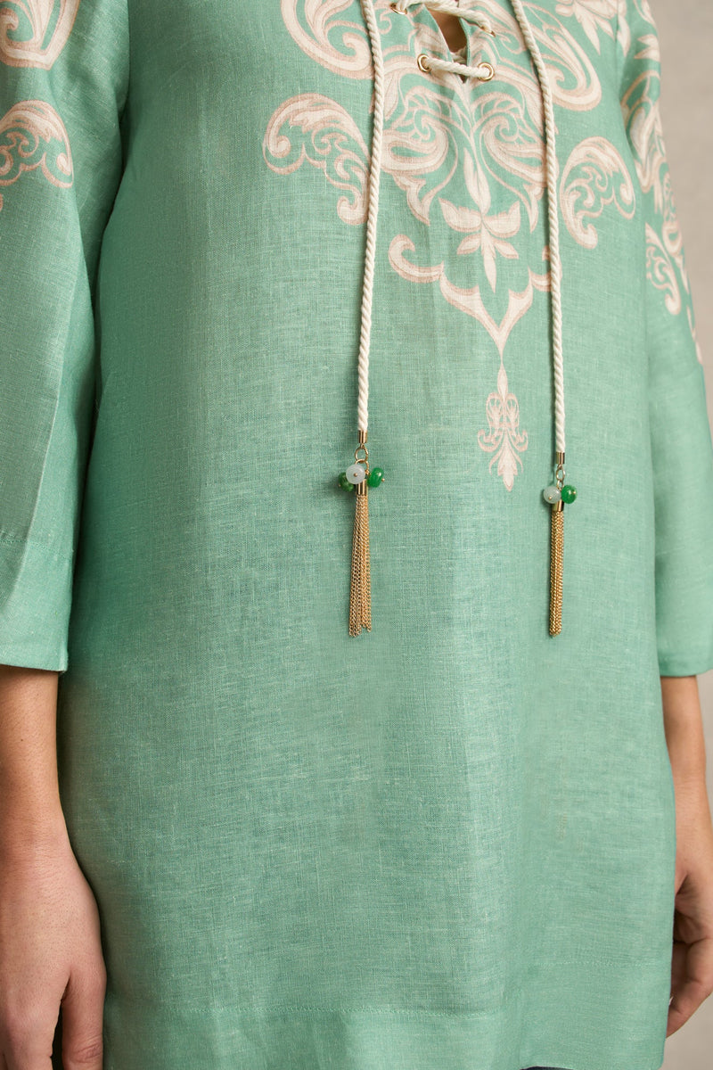 French Linen Tassel Kaftan - Gold Border Print