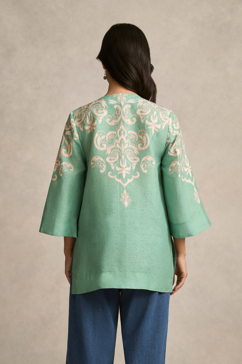 French Linen Tassel Kaftan - Gold Border Print