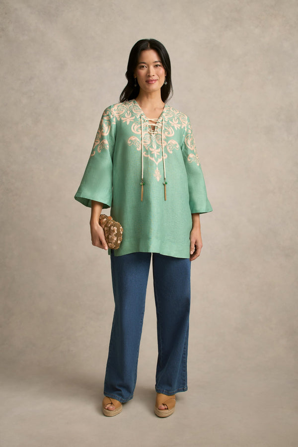 French Linen Tassel Kaftan - Gold Border Print