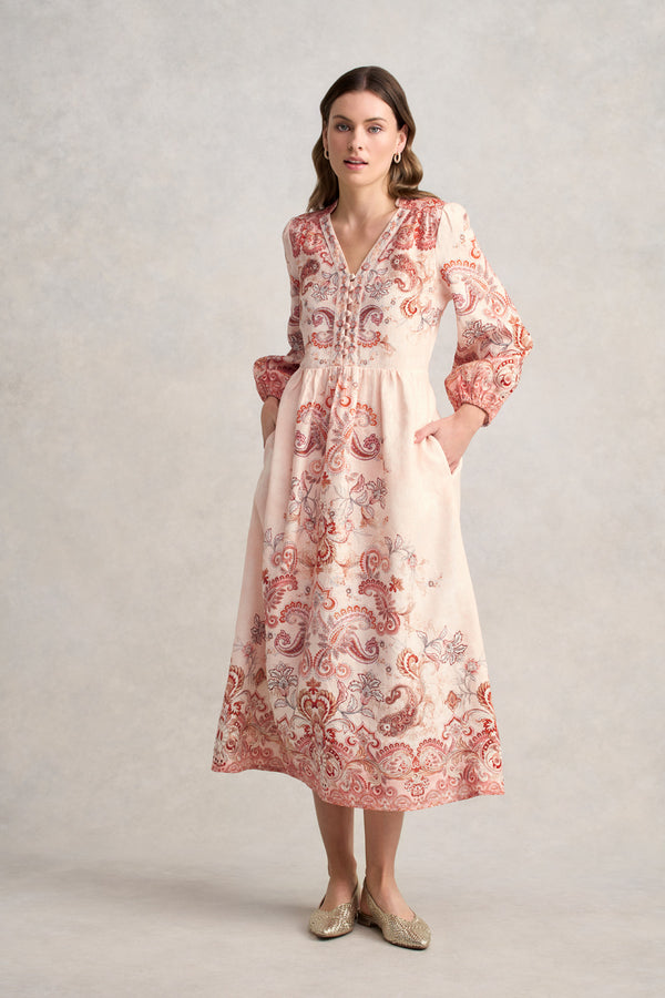 Printed French Linen Dress – Peach Paisley Print